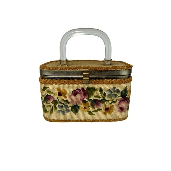 Vintage Julius Resnick Jr. Florida Needlepoint Lucite Handle Box Purse. - Picture 1 of 10